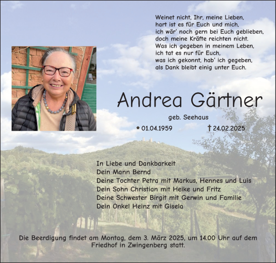 Traueranzeige von Andrea Gärtner von Bergsträßer Anzeiger