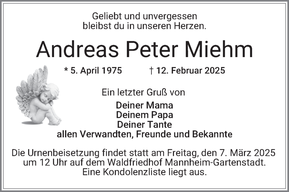  Traueranzeige für Andreas Peter Miehm vom 01.03.2025 aus Mannheimer Morgen