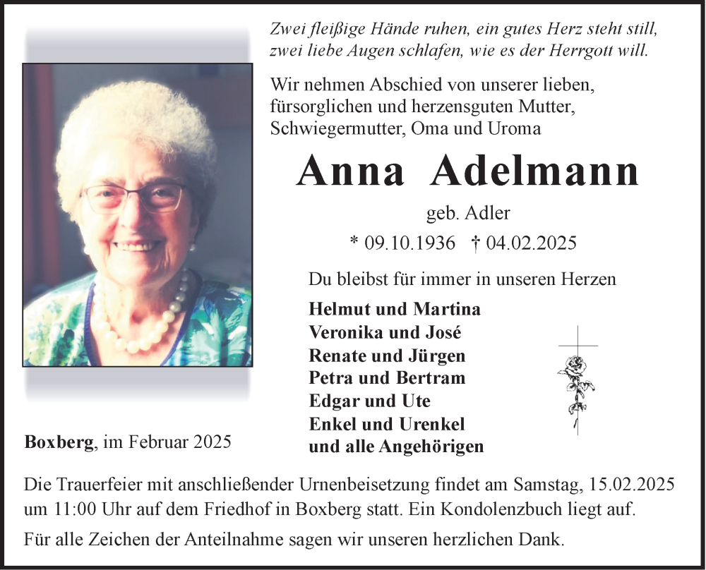  Traueranzeige für Anna Adelmann vom 12.02.2025 aus Fränkische Nachrichten
