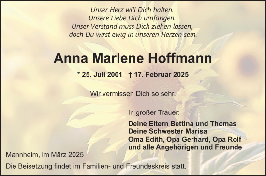 Traueranzeige von Anna Marlene Hoffmann von Mannheimer Morgen
