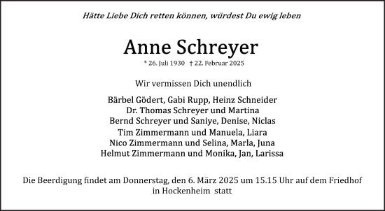 Traueranzeige von Anne Schreyer von Schwetzinger Zeitung
