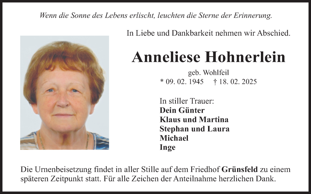  Traueranzeige für Anneliese Hohnerlein vom 01.03.2025 aus Fränkische Nachrichten