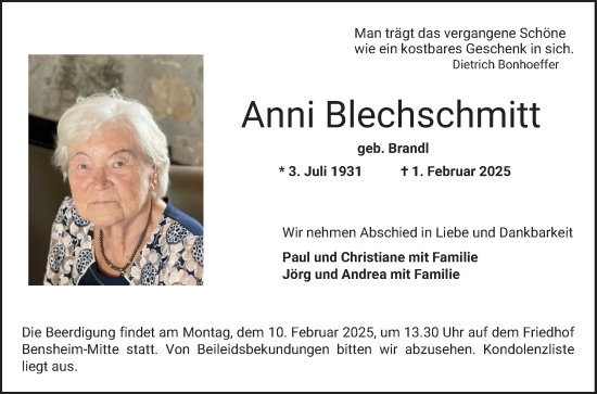 Traueranzeige von Anni Blechschmitt von Bergsträßer Anzeiger