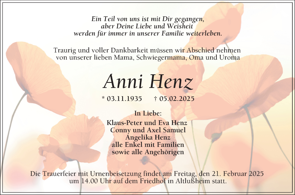  Traueranzeige für Anni Henz vom 17.02.2025 aus Schwetzinger Zeitung