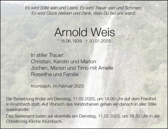 Traueranzeige von Arnold Weis von Fränkische Nachrichten