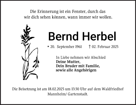Traueranzeige von Bernd Herbel von Mannheimer Morgen