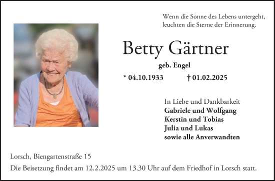 Traueranzeige von Betty Gärtner von Bergsträßer Anzeiger