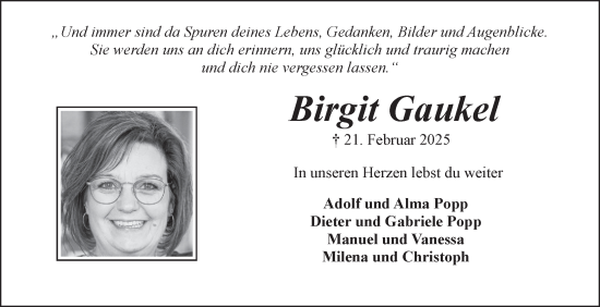 Traueranzeige von Birgit Gaukel von Fränkische Nachrichten