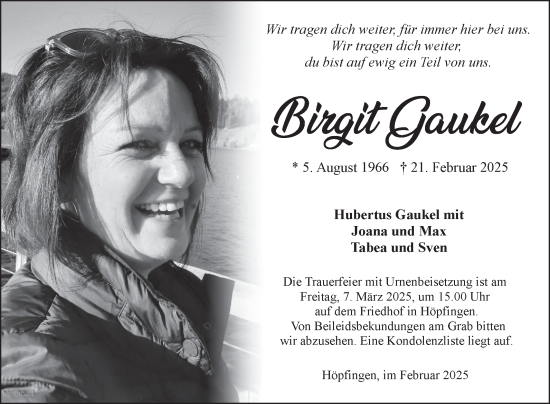 Traueranzeige von Birgit Gaukel von Fränkische Nachrichten