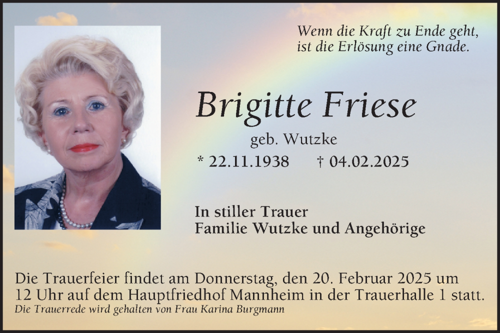  Traueranzeige für Brigitte Friese vom 15.02.2025 aus Mannheimer Morgen