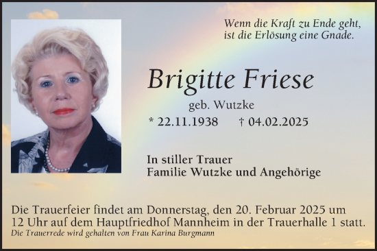 Traueranzeige von Brigitte Friese von Mannheimer Morgen