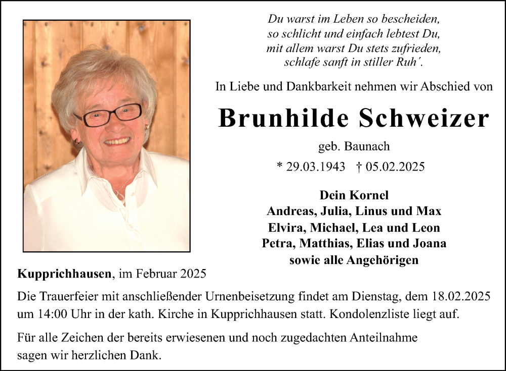  Traueranzeige für Brunhilde Schweizer vom 12.02.2025 aus Fränkische Nachrichten