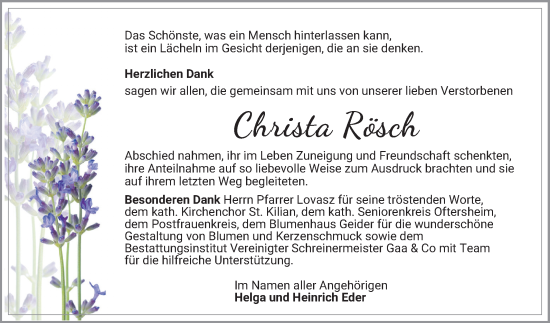 Traueranzeige von Christa Rösch von Schwetzinger Zeitung