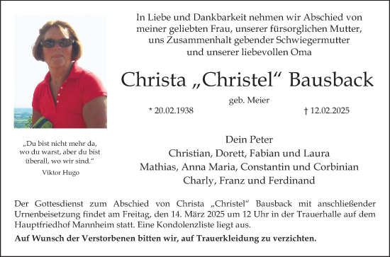 Traueranzeige von Christa „Christel“ Bausback von Mannheimer Morgen