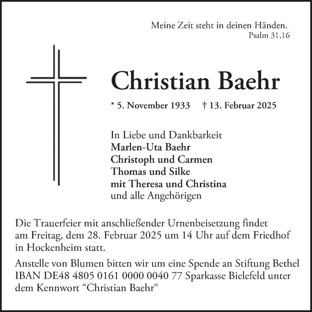  Traueranzeige für Christian Baehr vom 22.02.2025 aus Schwetzinger Zeitung