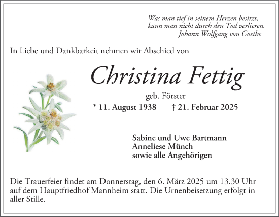 Traueranzeige von Christina Fettig von Mannheimer Morgen