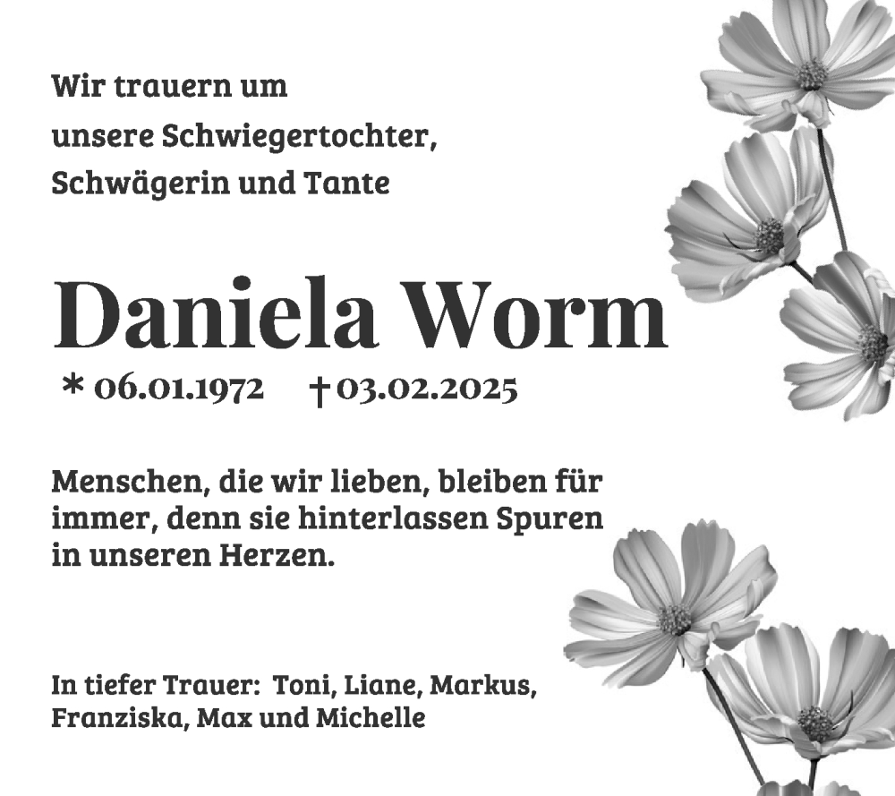  Traueranzeige für Daniela Worm vom 15.02.2025 aus Mannheimer Morgen