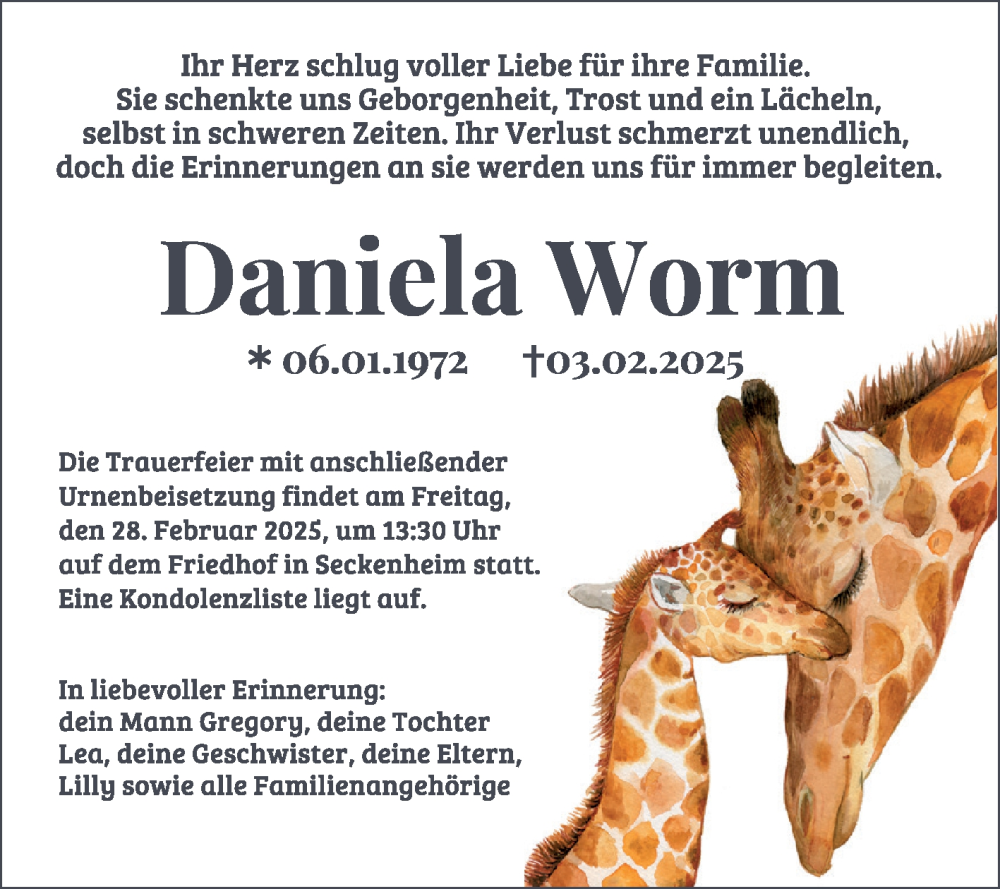  Traueranzeige für Daniela Worm vom 15.02.2025 aus Mannheimer Morgen