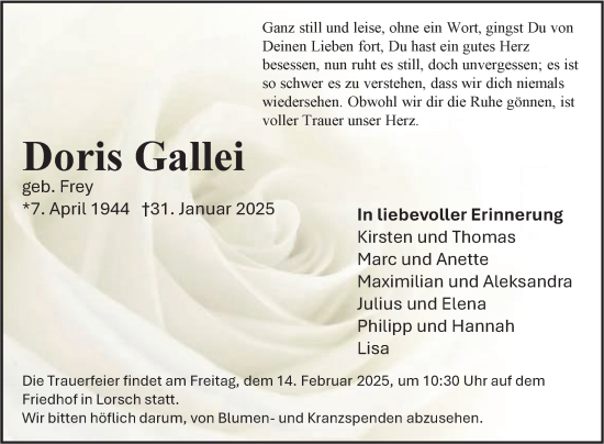 Traueranzeige von Doris Gallei von Bergsträßer Anzeiger