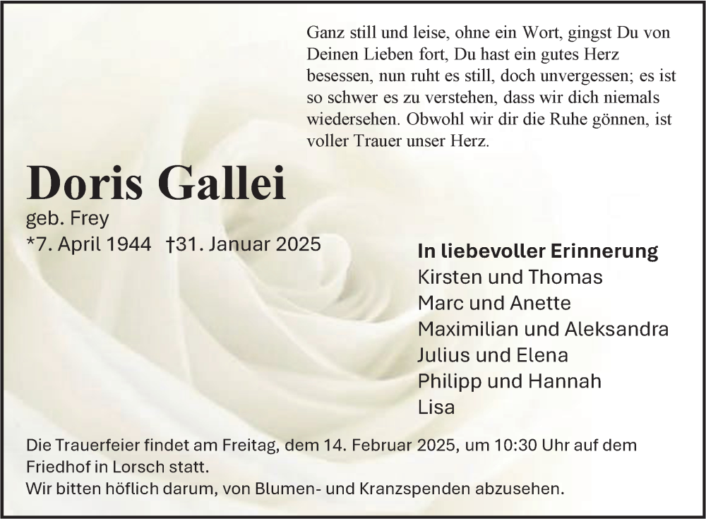  Traueranzeige für Doris Gallei vom 08.02.2025 aus Bergsträßer Anzeiger