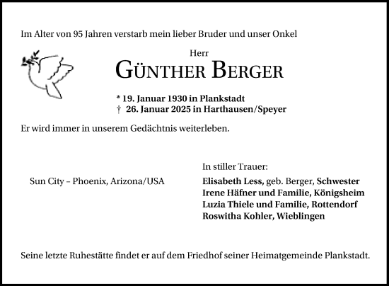 Traueranzeige von Günther Berger von Schwetzinger Zeitung