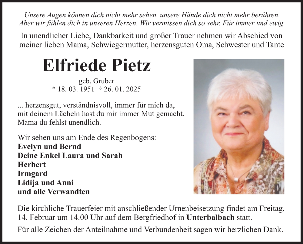  Traueranzeige für Elfriede Pietz vom 08.02.2025 aus Fränkische Nachrichten