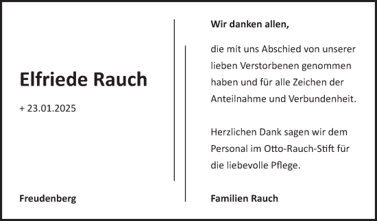 Traueranzeige von Elfriede Rauch von Fränkische Nachrichten