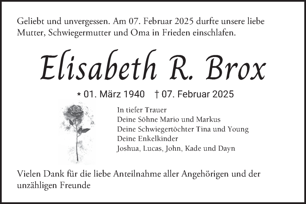  Traueranzeige für Elisabeth Brox vom 26.02.2025 aus Mannheimer Morgen