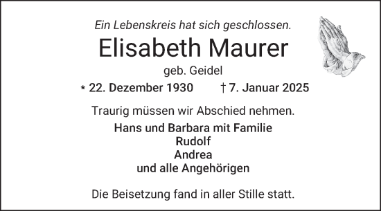 Traueranzeige von Elisabeth Maurer von Mannheimer Morgen