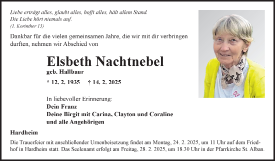 Traueranzeige von Elsbeth Nachtnebel von Fränkische Nachrichten