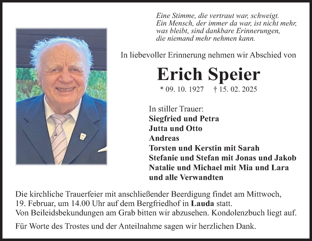  Traueranzeige für Erich Speier vom 18.02.2025 aus Fränkische Nachrichten