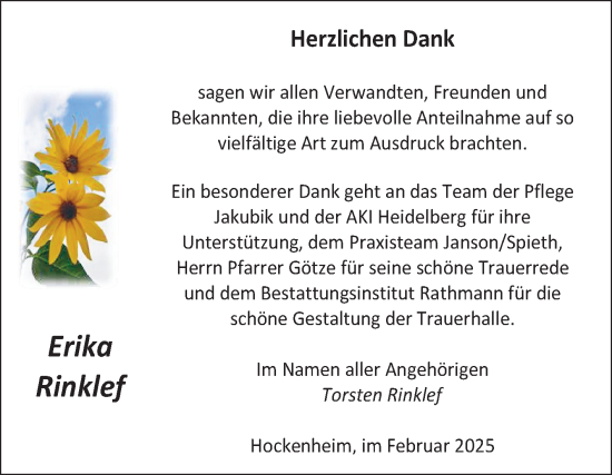 Traueranzeige von Erika Rinklef von Schwetzinger Zeitung