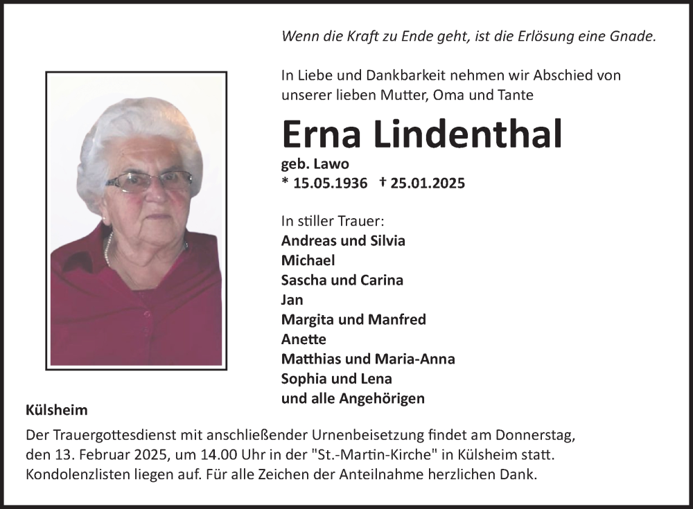  Traueranzeige für Erna Lindenthal vom 08.02.2025 aus Fränkische Nachrichten