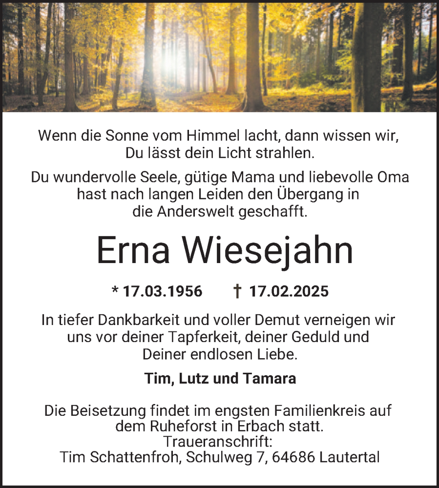  Traueranzeige für Erna Wiesejahn vom 01.03.2025 aus Bergsträßer Anzeiger