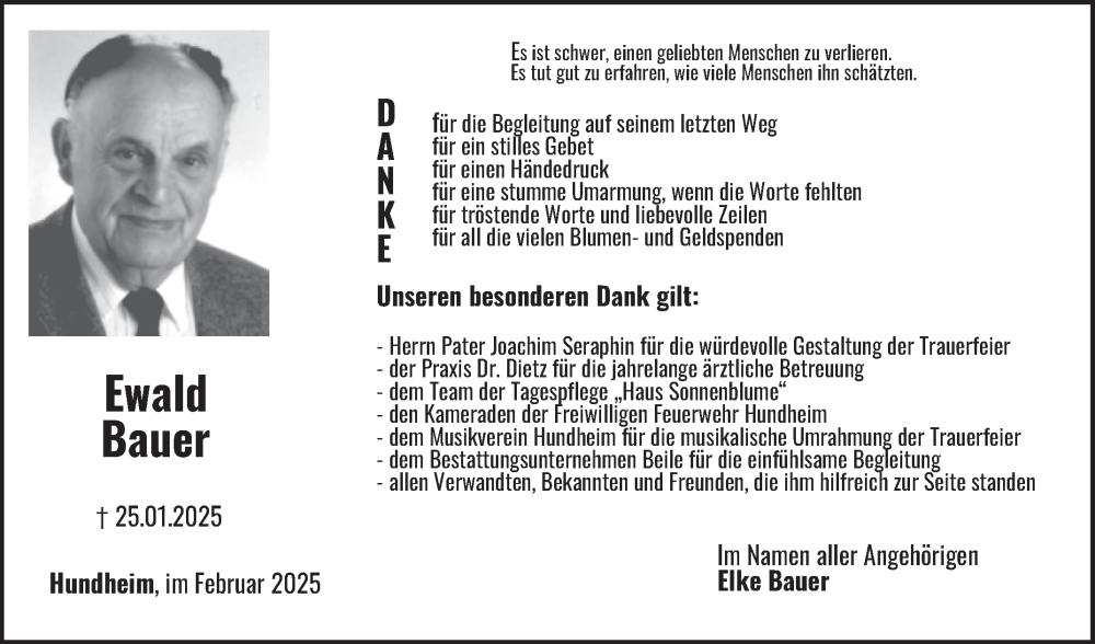  Traueranzeige für Ewald Bauer vom 22.02.2025 aus Fränkische Nachrichten