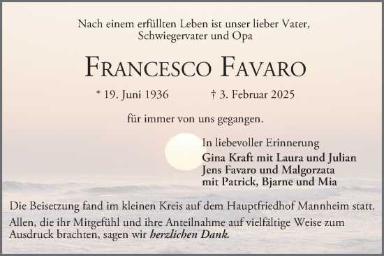 Traueranzeige von Francesco Favaro von Mannheimer Morgen