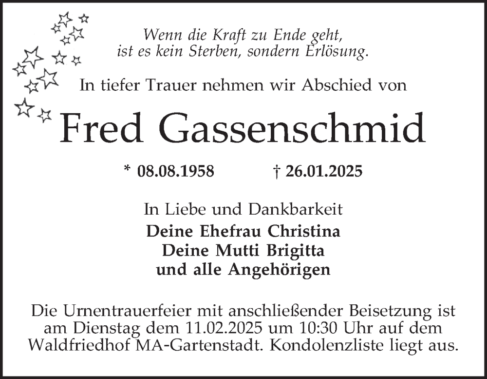  Traueranzeige für Fred Gassenschmid vom 08.02.2025 aus Mannheimer Morgen
