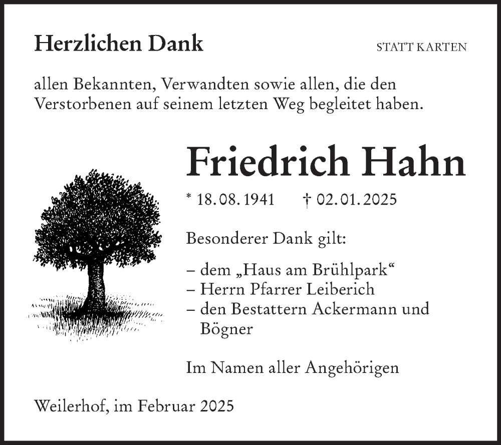  Traueranzeige für Friedrich Hahn vom 08.02.2025 aus Fränkische Nachrichten