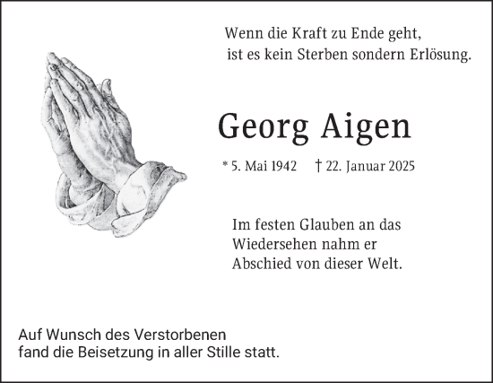 Traueranzeige von Georg Aigen von Schwetzinger Zeitung