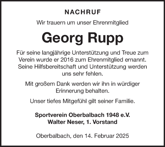 Traueranzeige von Georg Rupp von Fränkische Nachrichten