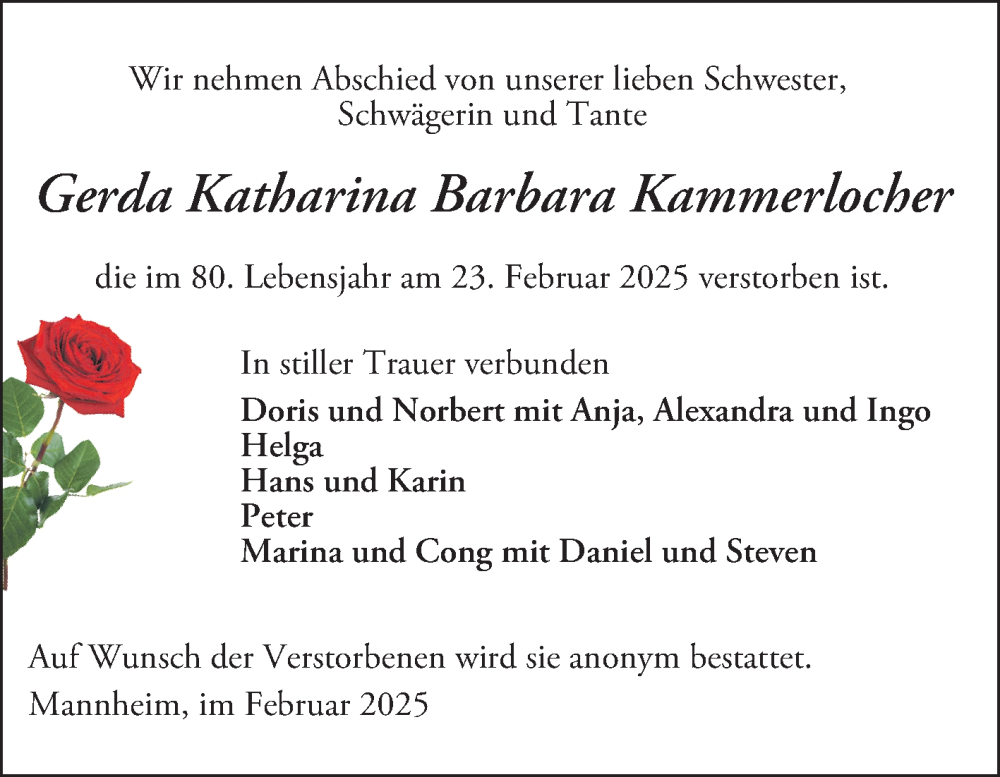  Traueranzeige für Gerda Katharina Barbara Kammerlocher vom 28.02.2025 aus Mannheimer Morgen