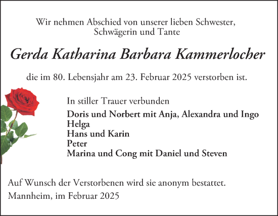 Traueranzeige von Gerda Katharina Barbara Kammerlocher von Mannheimer Morgen
