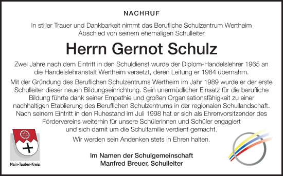 Traueranzeige von Gernot Schulz von Fränkische Nachrichten