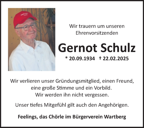 Traueranzeige von Gernot Schulz von Fränkische Nachrichten