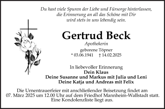 Traueranzeige von Gertrud Beck von Mannheimer Morgen