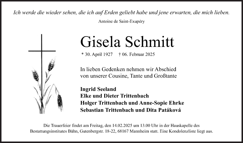  Traueranzeige für Gisela Schmitt vom 11.02.2025 aus Mannheimer Morgen