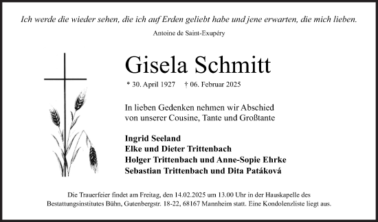 Traueranzeige von Gisela Schmitt von Mannheimer Morgen