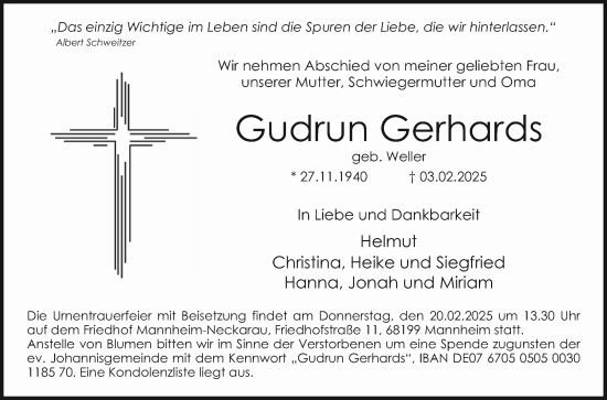 Traueranzeige von Gudrun Gerhards von Mannheimer Morgen
