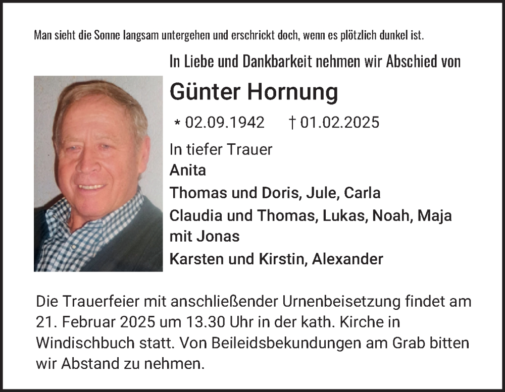  Traueranzeige für Günter Hornung vom 18.02.2025 aus Fränkische Nachrichten
