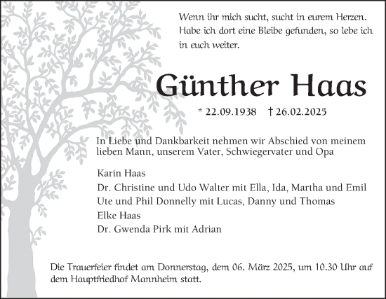 Traueranzeige von Günther Haas von Mannheimer Morgen